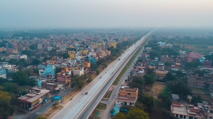 Obraz premium Aerial view Highway cutting through city, hazy sunrise, urban sprawl, transportation