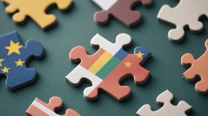 Obraz premium Colorful Puzzle Pieces Featuring Various National Flags on a Solid Background