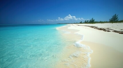 Fototapeta premium Turquoise water lapping white sand beach, tropical island background, vacation