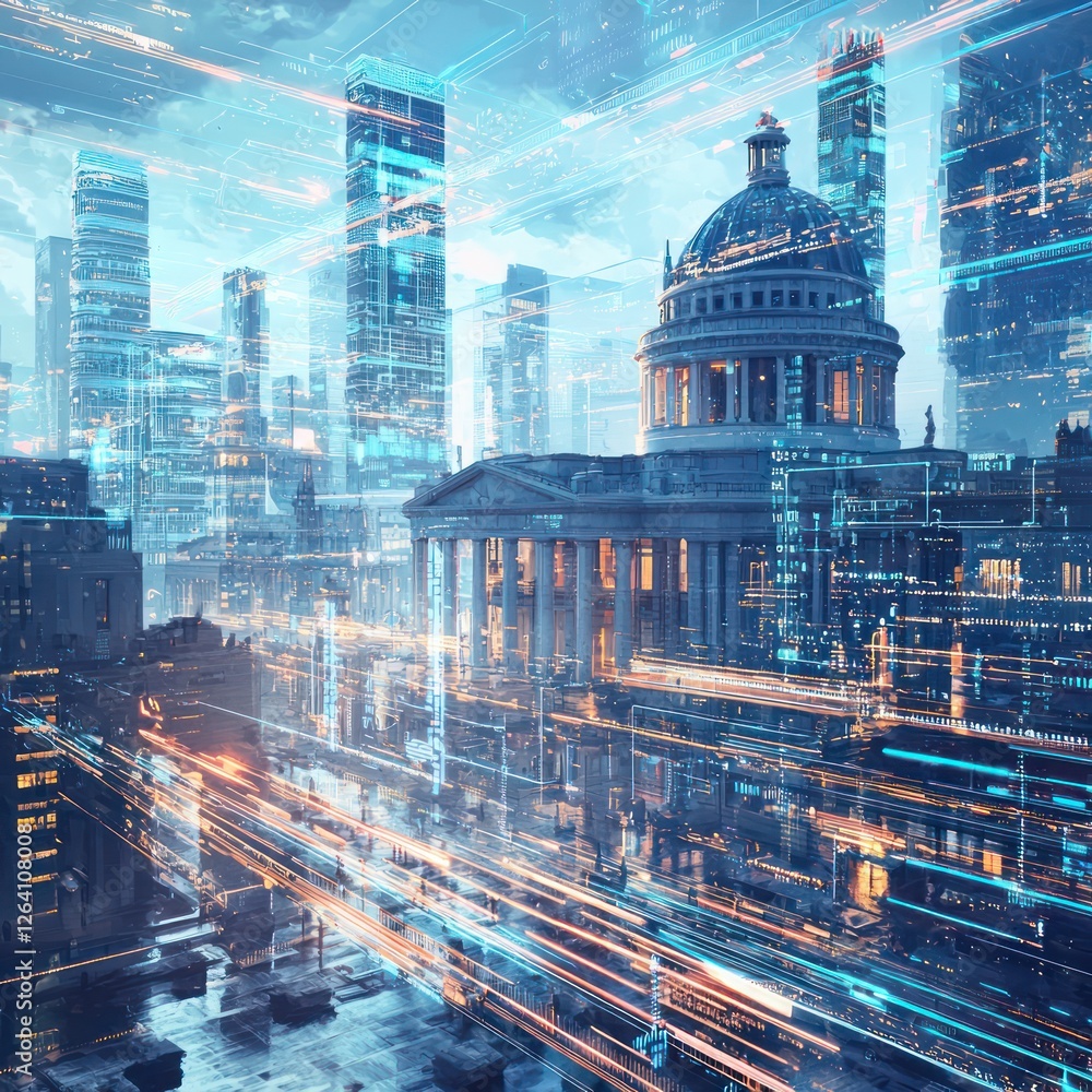 Poster sleek headquarters within a hyper-connected city, flowing real-time data networks.