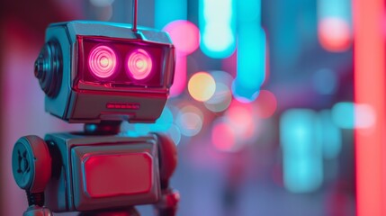 Fototapeta premium A vintage-inspired robot with a boxy design and glowing pink eyes stands in a neon-lit urban setting. The AI-generated image captures a nostalgic yet futuristic cyberpunk aesthetic. AI generated.