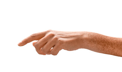 Female hand with extended index finger pointing or pressing gesture isolated cutout on transparent