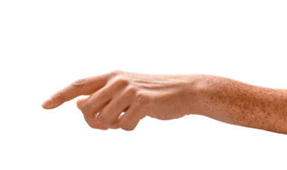 Female hand with extended index finger pointing or pressing gesture isolated cutout on transparent