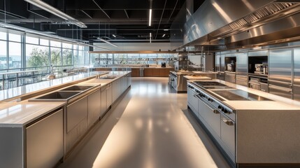 Modern kitchen, culinary school, stainless steel appliances, large windows, bright interior, food preparation