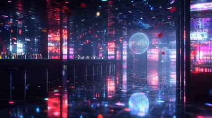 Futuristic bar, neon lights, city reflections, digital particles, nightlife scene