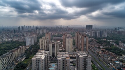 Fototapeta premium Aerial view Cityscape, monsoon clouds, apartment buildings, highway, urban sprawl, real estate