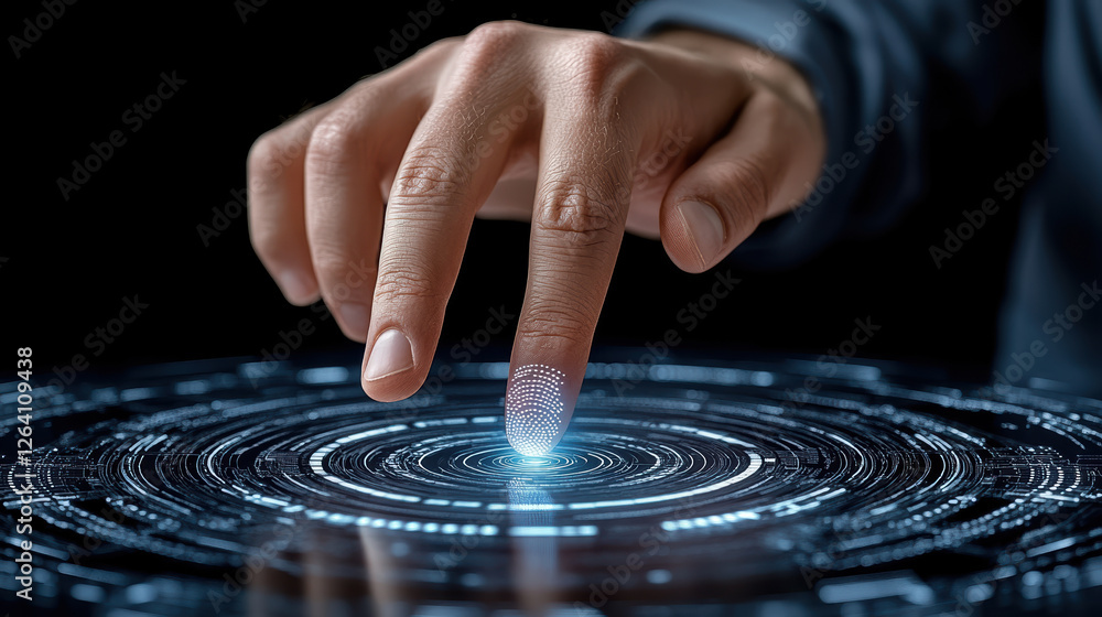 Poster biometric security scan with glowing fingerprint on digital interface