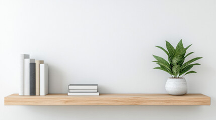 Modern open shelving unit displaying books and potted plant