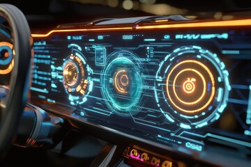 Obraz premium Radiant holographic panel displaying futuristic energy grids , real-time data overlay.