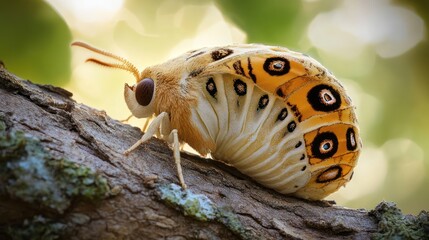 Moth resting on branch, bokeh background, nature photography, wildlife