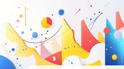 A modern abstract representation of financial data featuring colorful bar graphs, pie charts, and analytics curves on a white background. A futuristic business concept. AI generated.
