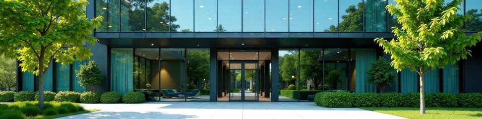 Obraz premium Modern office building facade with sleek glass and steel structure, surrounded by lush greenery, exterior, glass, architecture