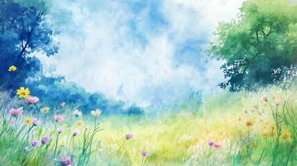 春のうららかな景色の優しい雰囲気の水彩イラスト