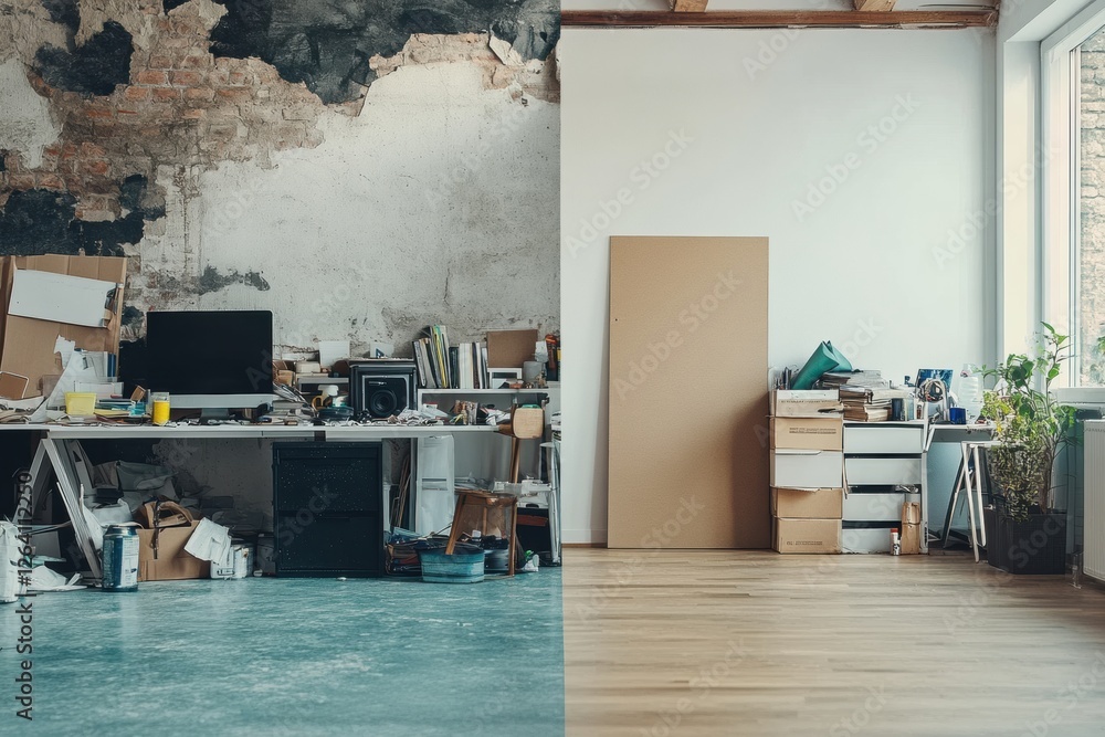 Leinwandbilder Cluttered workspace contrasts with organized environment in a split interior view showcasing different approaches to space management. Generative AI