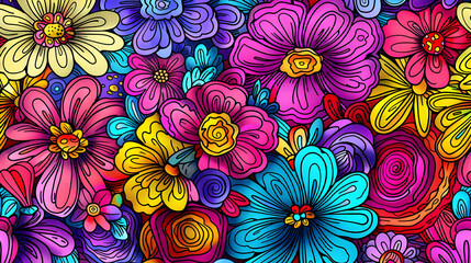Vibrant, colorful floral pattern featuring a variety of flowers in an abstract design, suitable for backgrounds