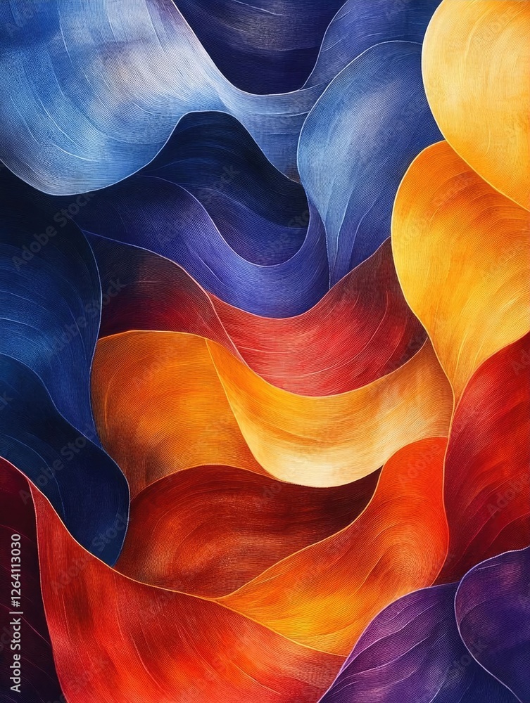 Poster vibrant abstract waves in bold colors flowing together, creating a dynamic visual experience