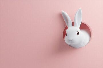 Obraz premium Adorable White Bunny Peeking Through a Pink Hole Easter Springtime Cutout