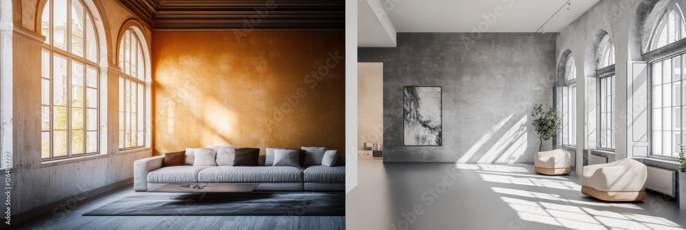 Aufkleber contrast between old dark interiors and bright modern design in renovated room showing transformatio