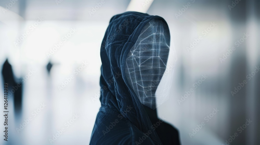Aufkleber a mysterious hooded figure with a glowing digital wireframe face, representing cybersecurity, anonym