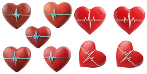 Colorful Heart Icons with Heartbeat Line Design for Health Concepts, isolated on transparent background