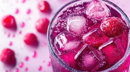 Iced raspberry soda drink, pink background, close-up, refreshment
