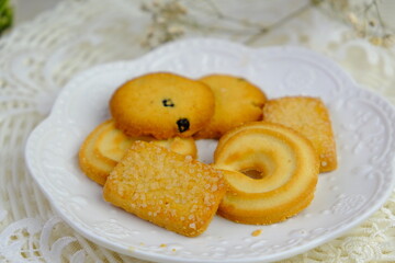 Popular cookies known as butter cookies in Malaysia during celebration of Eid Mubarak (Hari Raya) on white background.