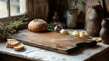Rustic kitchen window, bread, cheese, cutting board, still life, food photography, recipe background