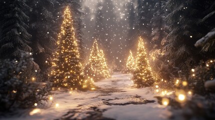 Snowy forest path, illuminated Christmas trees, snowfall, winter wonderland, holiday card (3)