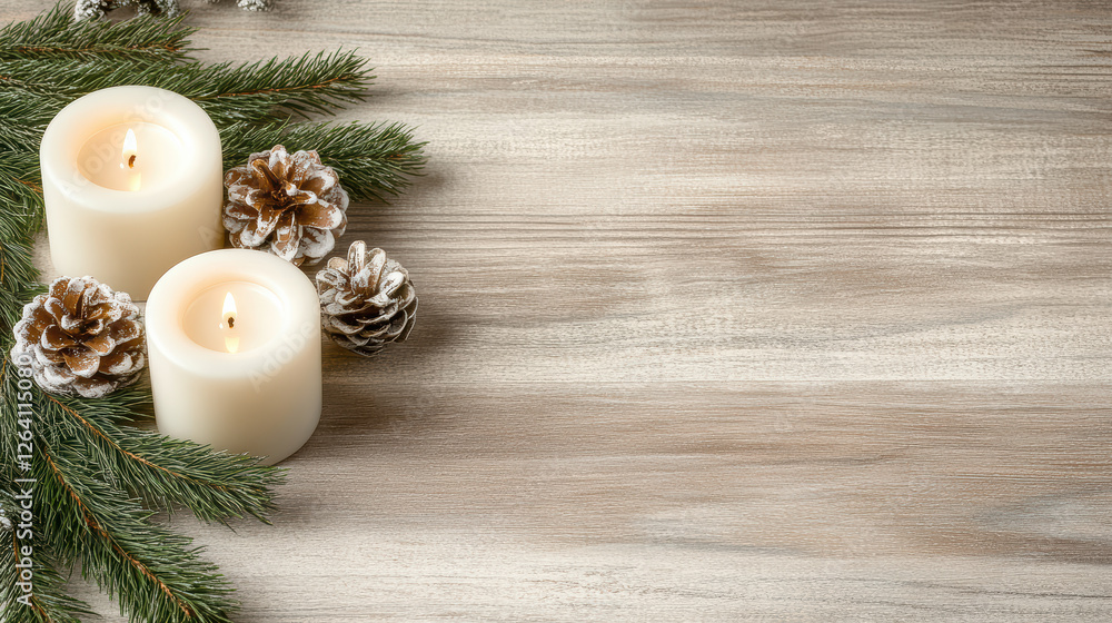 Sticker festive holiday table setting with candles and pine cones creates warm atmosphere