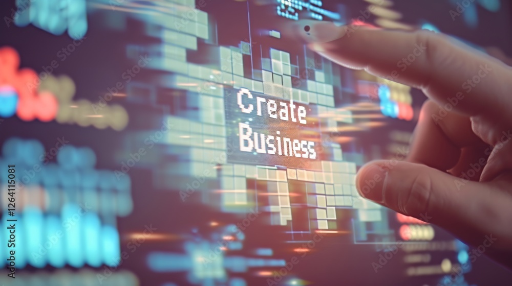 Poster a close-up of a digital hand interacting with a pixelated screen displaying create business. the fut