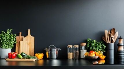 Modern kitchen countertop, cooking ingredients, dark wall, recipe background, food blog