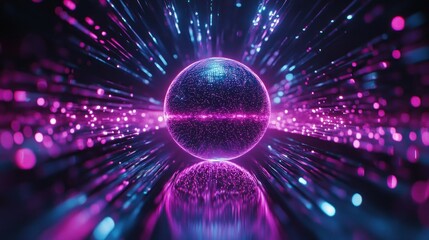 Glowing sphere energy, digital art, vibrant streaks, dark background, futuristic design