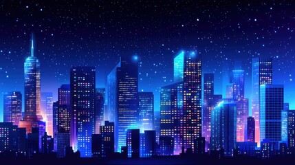 Obraz premium Night city skyline, glowing buildings, starry sky, futuristic cityscape, website banner