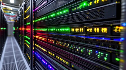 Naklejka premium Data center server room; glowing lights; network infrastructure; technology background; website use