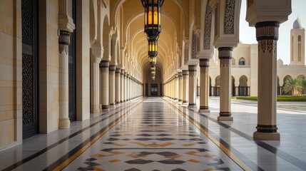 Sunlit colonnade, ornate palace, Middle East, tranquil courtyard, tourism