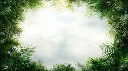 Fototapeta premium Lush green palm leaves framing a serene sky, evoking tranquility and nature's beauty