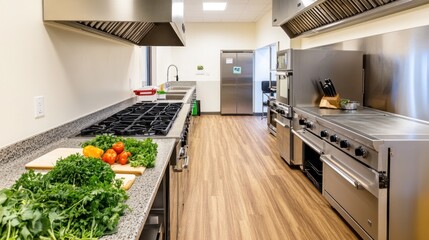 Modern commercial kitchen vegetables prep cooking area