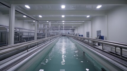 Fototapeta premium Industrial water treatment plant; clean water flows through processing lines; modern facility
