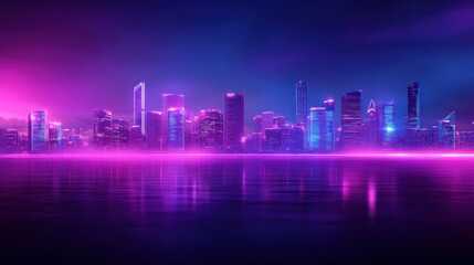 Fototapeta premium Neon Cityscape, Waterfront Reflection, Cyberpunk Night, Futuristic Background, Digital Art