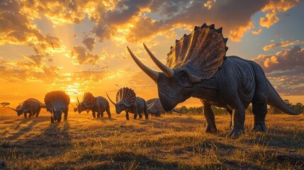 Fototapeta premium Triceratops Herd Grazing on Open Plain at Sunset