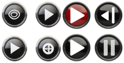 Variety of Black Media Control Buttons with Play and Pause Symbols, isolated on transparent background