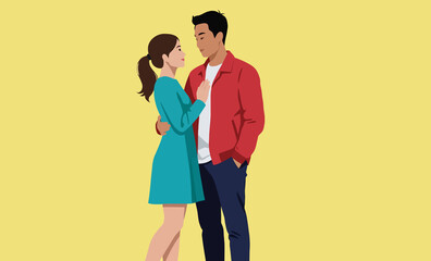 Fototapeta premium Couple Digital Art Illustration. A couple stands close, the woman in a teal dress and the man in a red jacket. Vector art design.