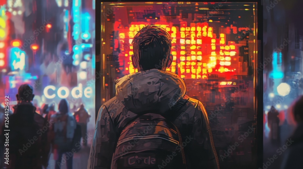 Poster a mysterious figure in a cyberpunk city, illuminated by neon lights, interacting with digital code. 