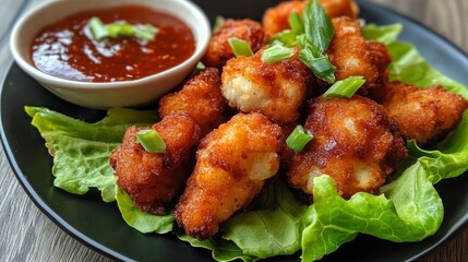 Fototapeta premium Chicken nuggets with lamb's lettuce and dip - ai