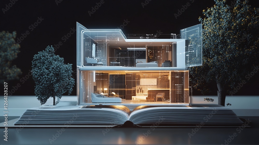 Poster miniature modern house on an open book with futuristic design and trees surrounding it