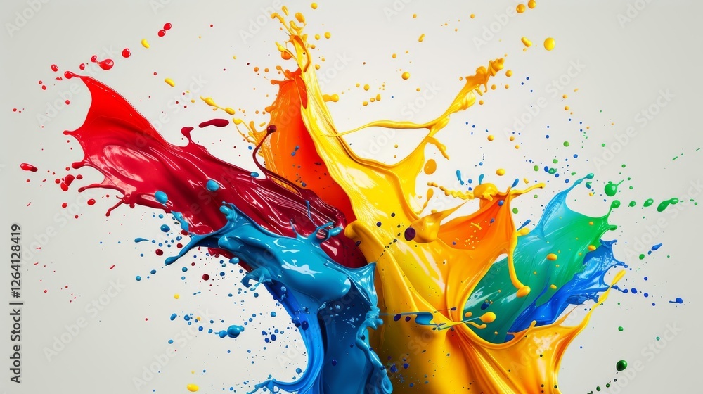 Poster a vibrant explosion of multicolored paint splashes in red, blue, yellow, and green, creating a dynam