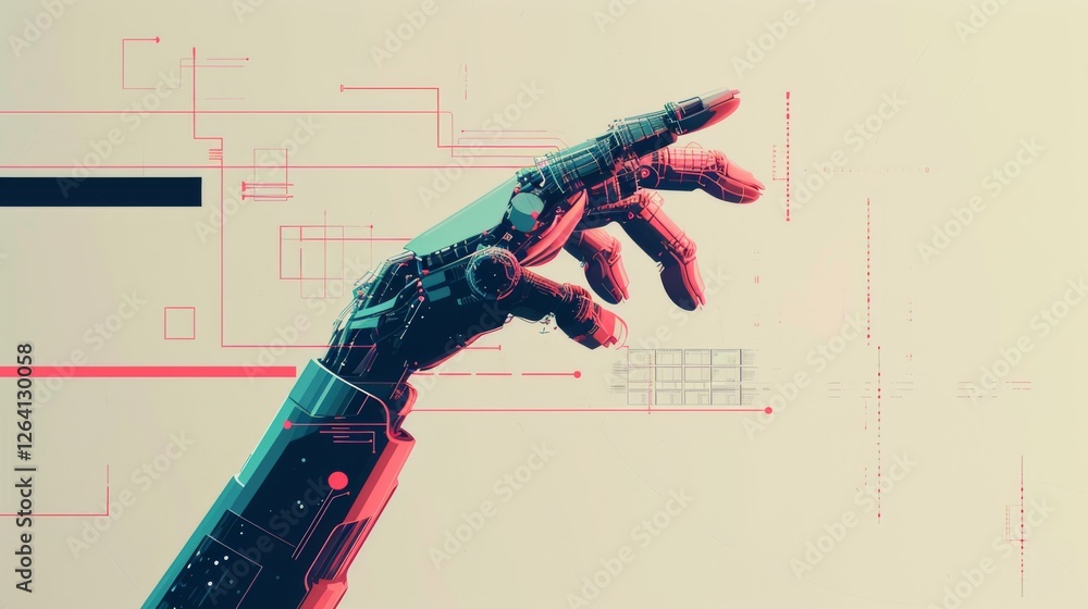 Poster a sleek robotic hand with futuristic circuitry and glowing details extends forward, symbolizing adva
