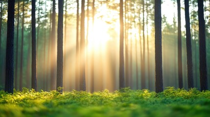 Sunlight streaming through tall trees in a serene forest, illuminating lush green ferns below