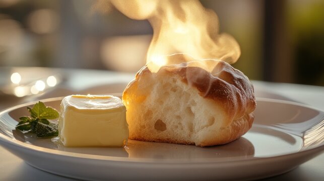 Steaming bread, butter, mint, restaurant, sunset