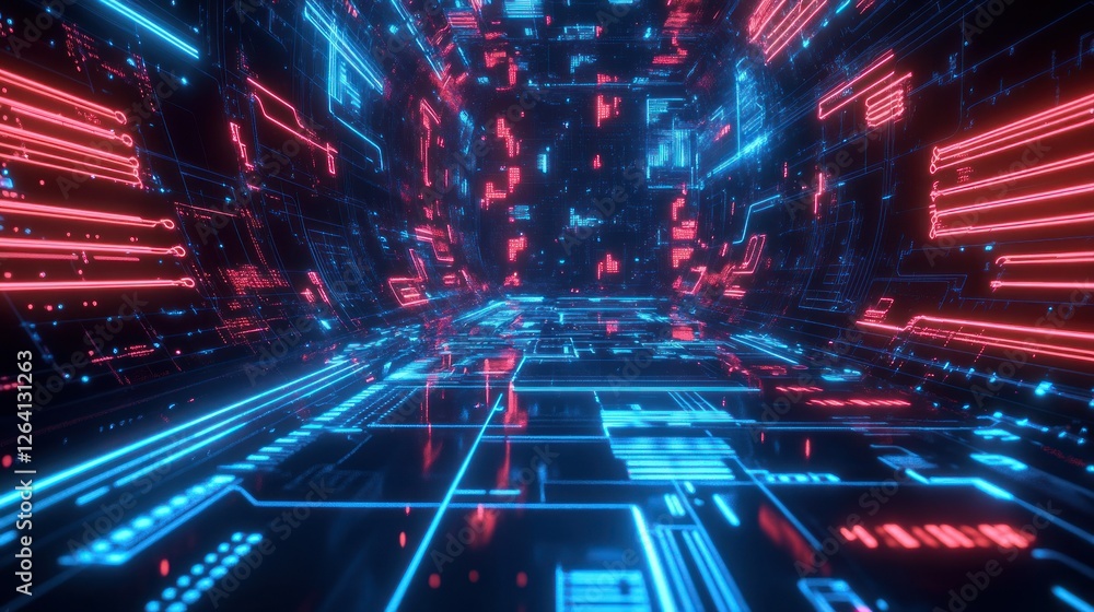 Poster game background with neon lights with intricate circuit board patterns, electric blue and red colors
